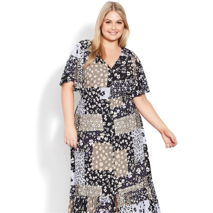 Patchwork Floral Print Angel Sleeve Maxi Dress