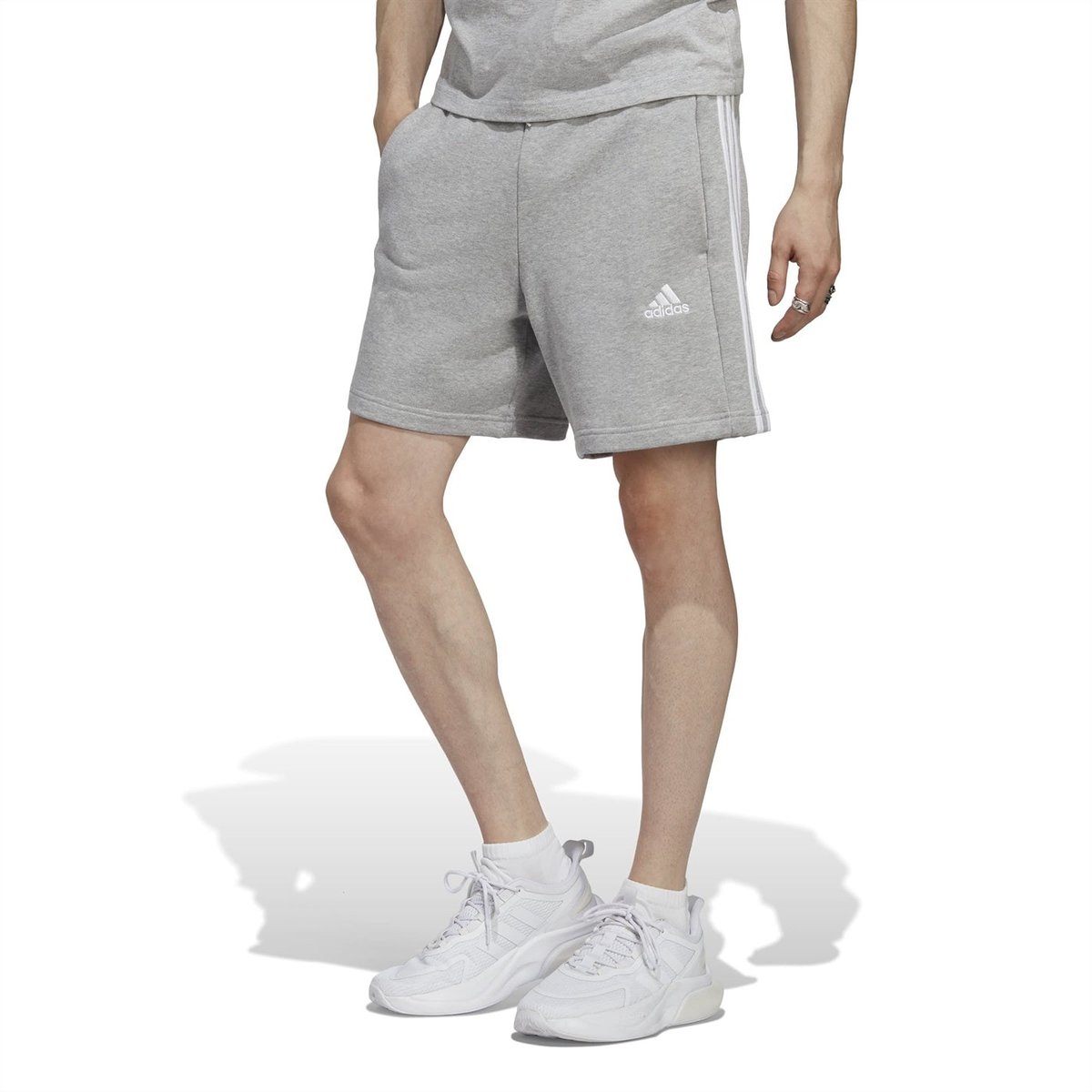 adidas Essentials 3 Stripe Fleece Shorts Mens Grey White 30.00