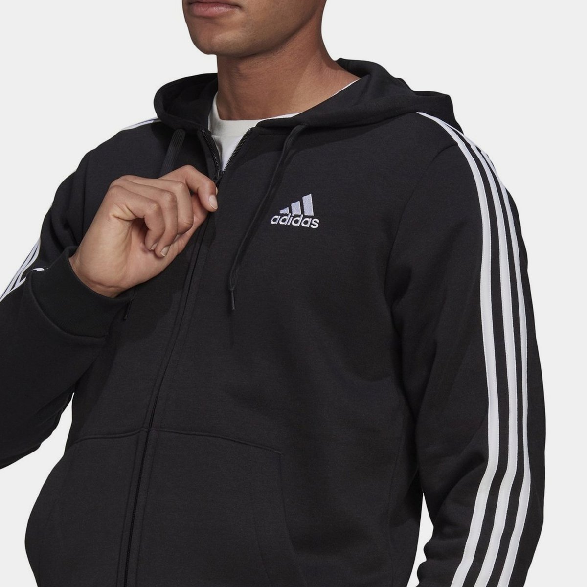 adidas Fleece 3 Stripes Full Zip Hoodie Mens Black White 50.00