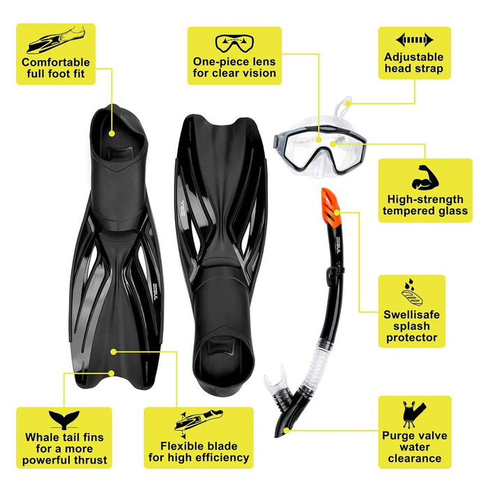 Snorkel, Mask, and Fin Set for Adults