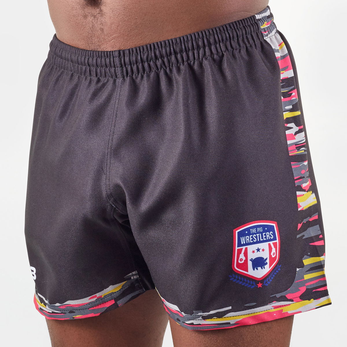 VX3 The Pig Wrestlers 2020 Home Rugby Shorts Black/Grey/Pink/Gold, £25.00